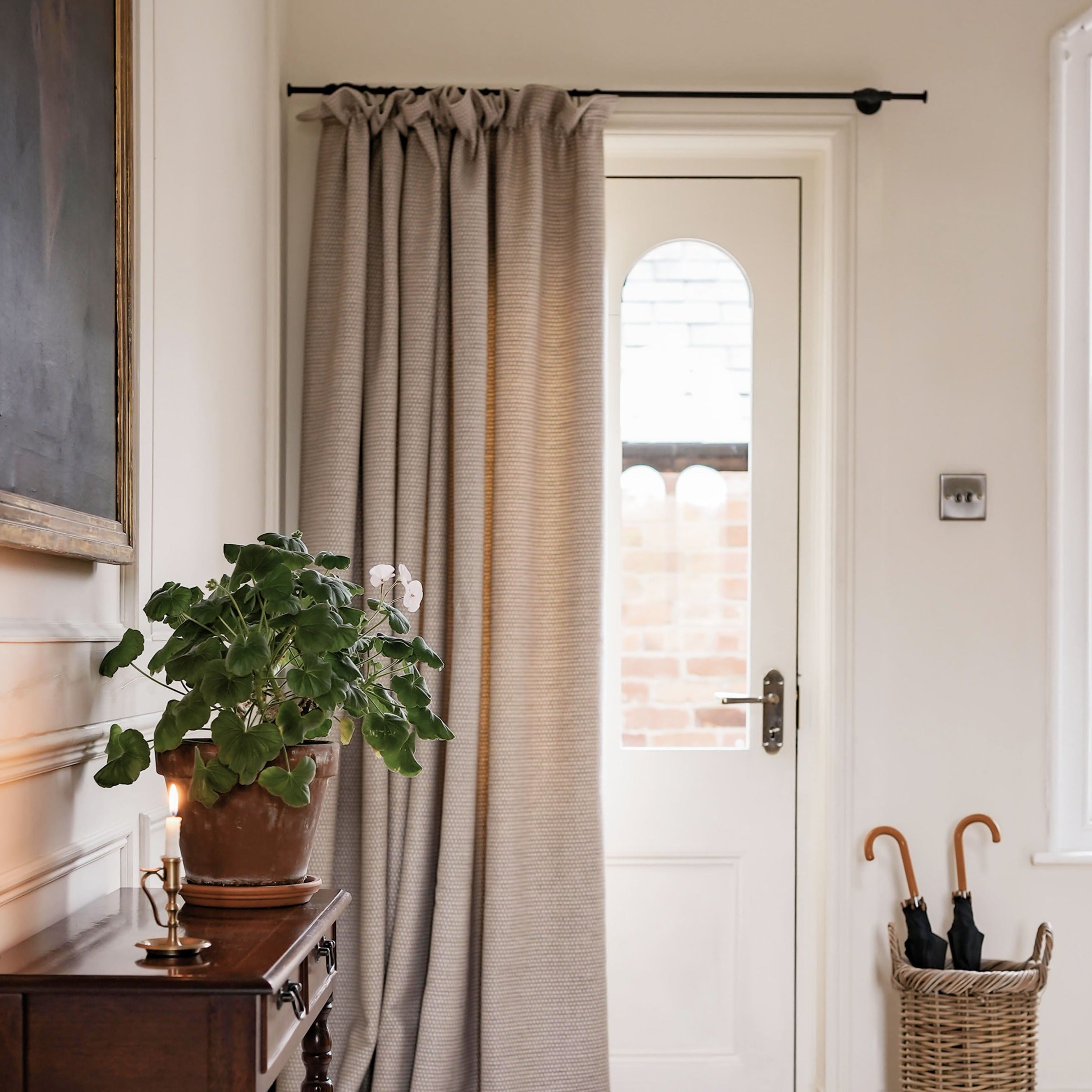 Ready Made Door Curtain - Clarendon Mushroom Wool, Cottage Pleat, Thermal Lined