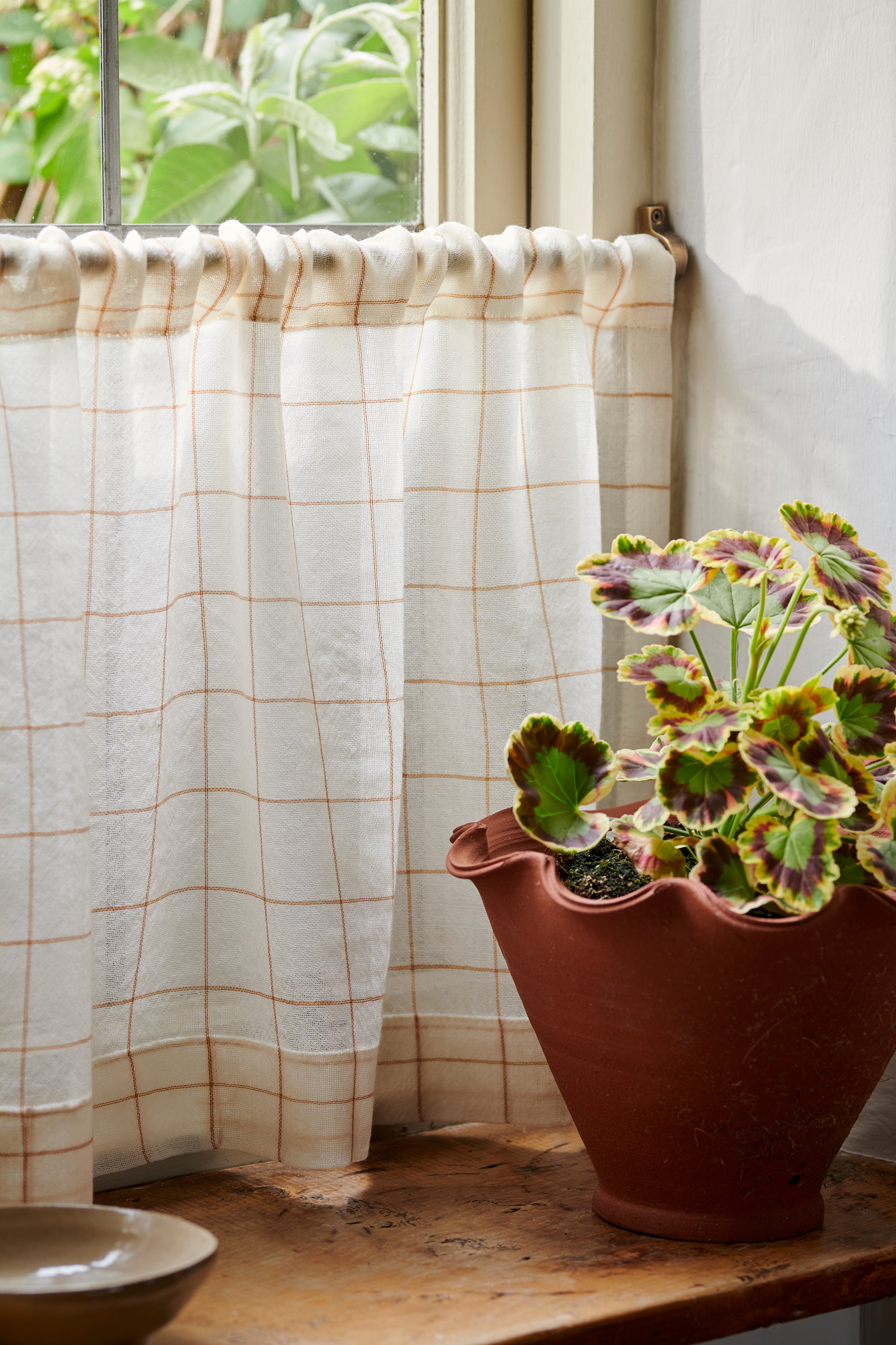 NEW Curtain Sheer Check Wool Fabric Natural / Caramel