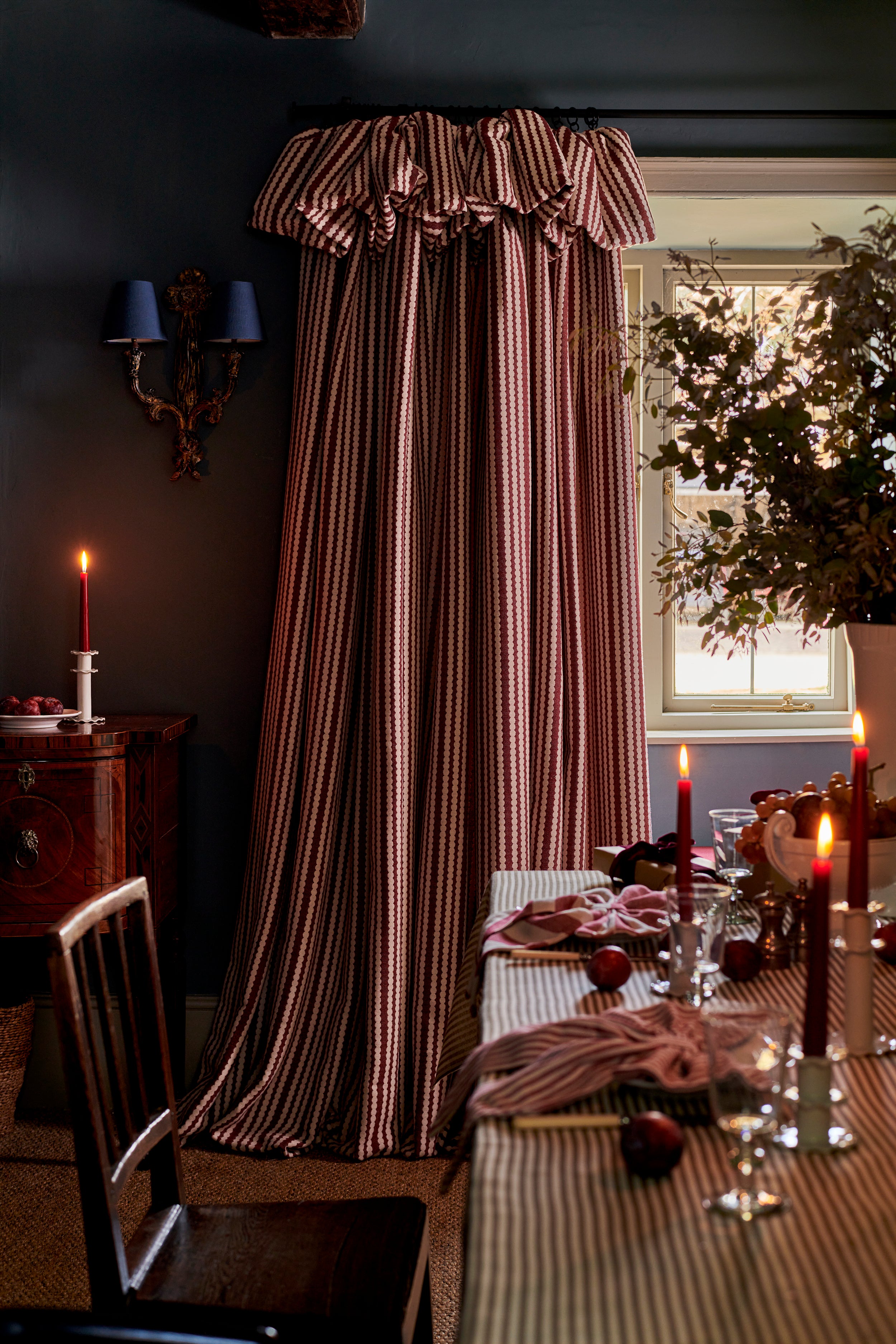PRE ORDER (dispatching 2nd Nov) Ready Made Door Curtain - Scallop Stripe Redwood Merino Wool, Flop Over Frill, Thermal Lined