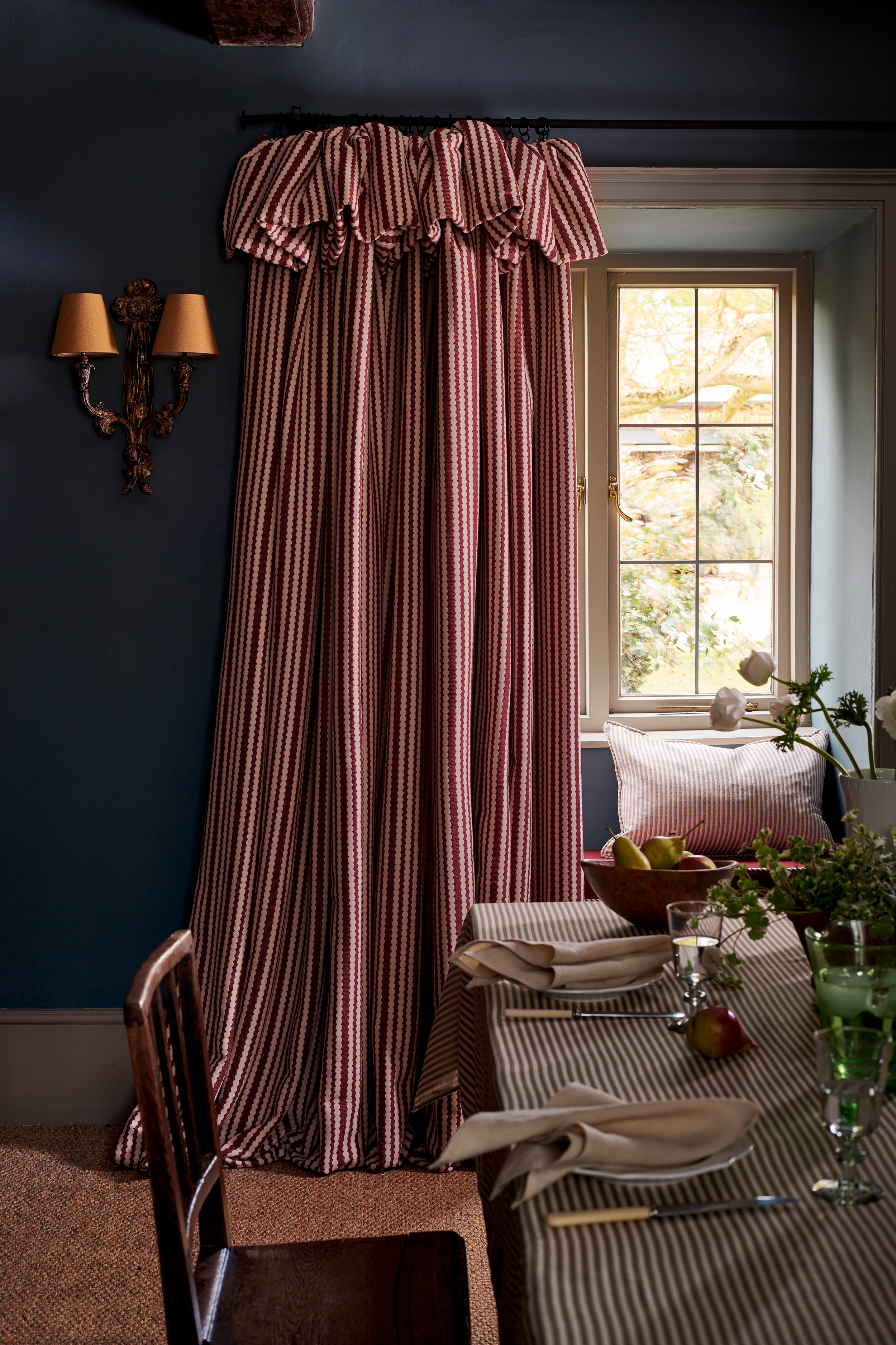 Scallop Stripe Wool Redwood Curtain (Single) with 30cm Flop Header (Ex Shoot Piece)