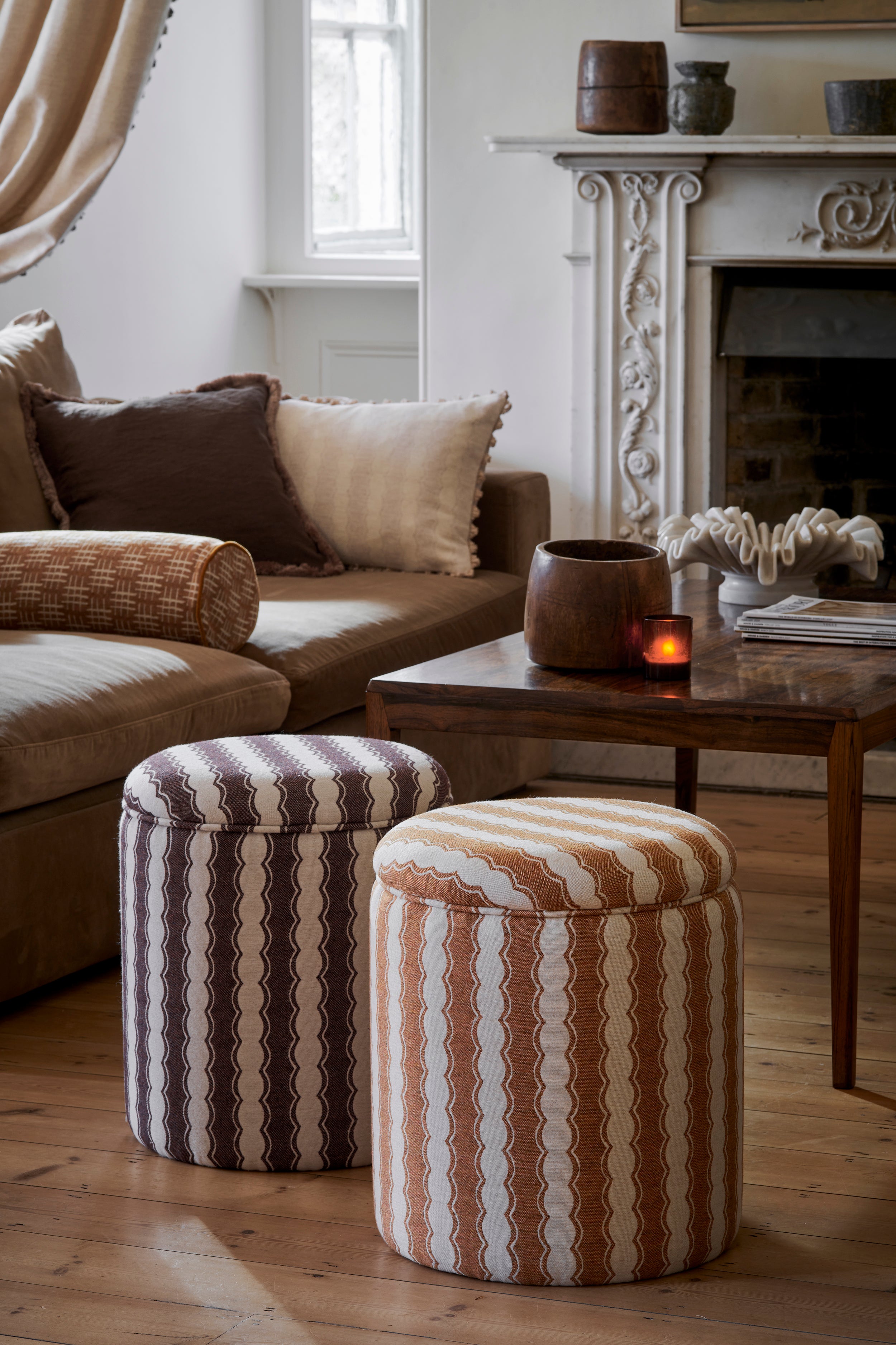 NEW Footstool Cinched Stripe Wool Acer (Self Piped)