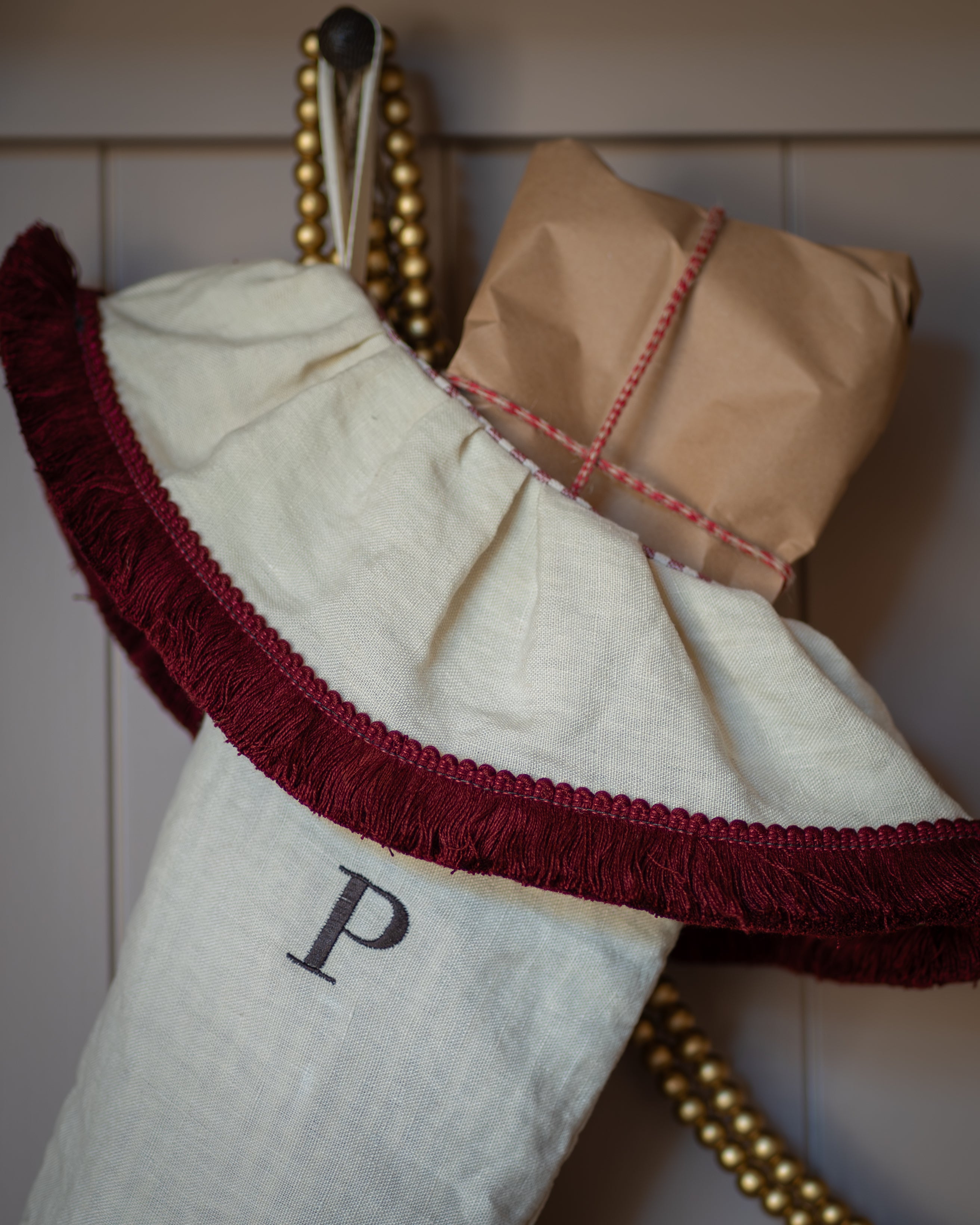 Personalised Linen Stone Stocking (With Flop Over Frill and Claret Fringe)