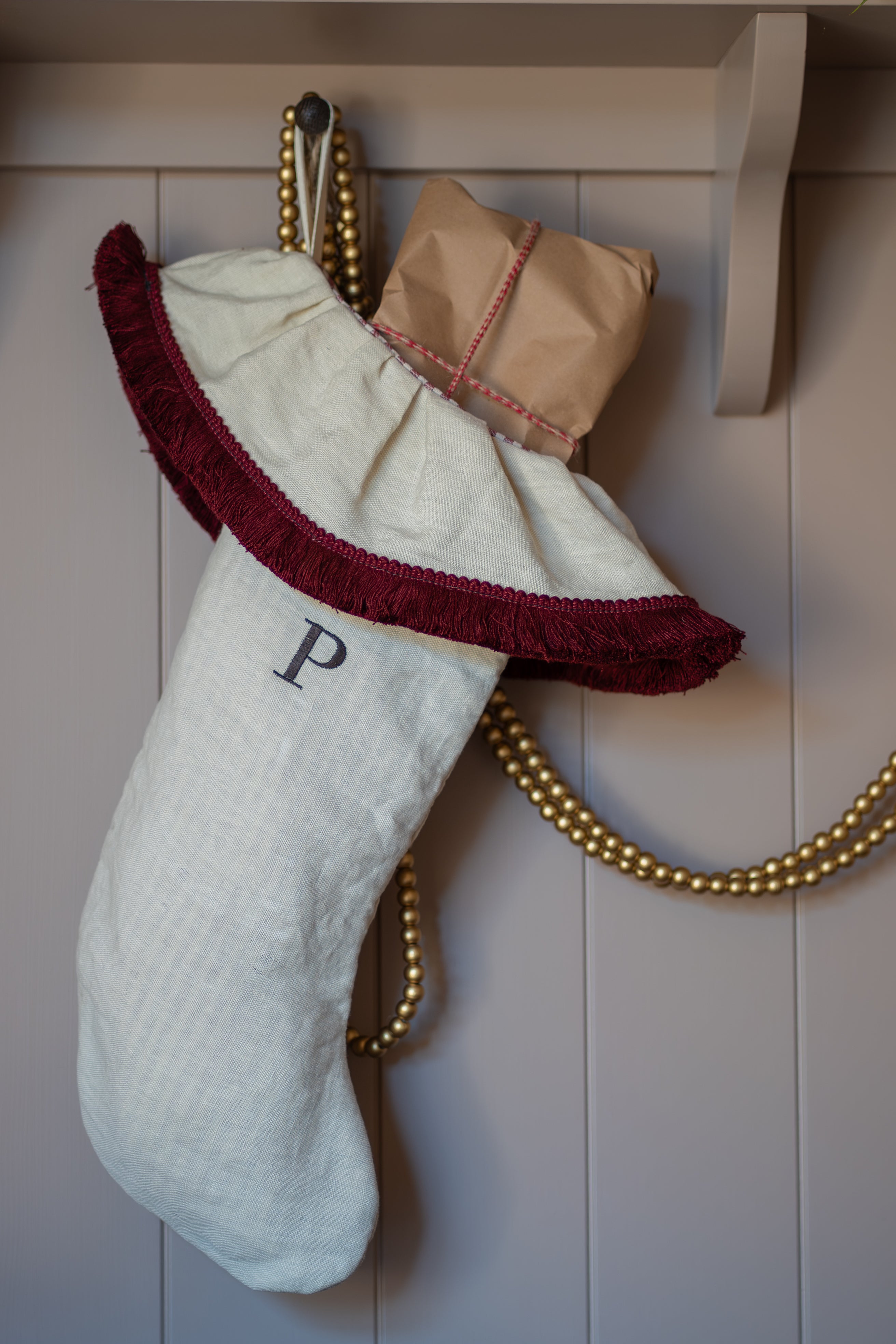 Personalised Linen Stone Stocking (With Flop Over Frill and Claret Fringe)