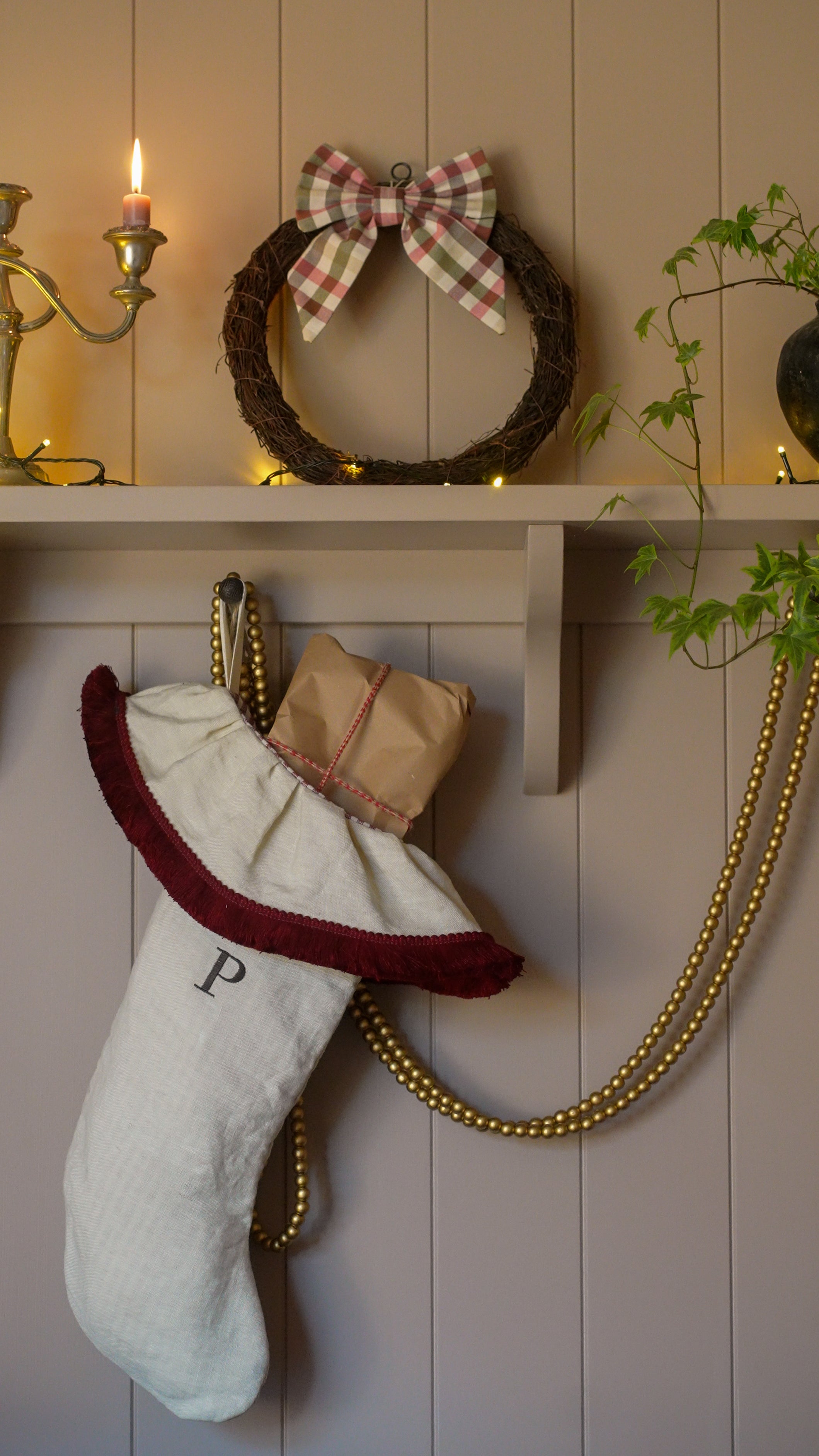 Personalised Linen Stone Stocking (With Flop Over Frill and Claret Fringe)
