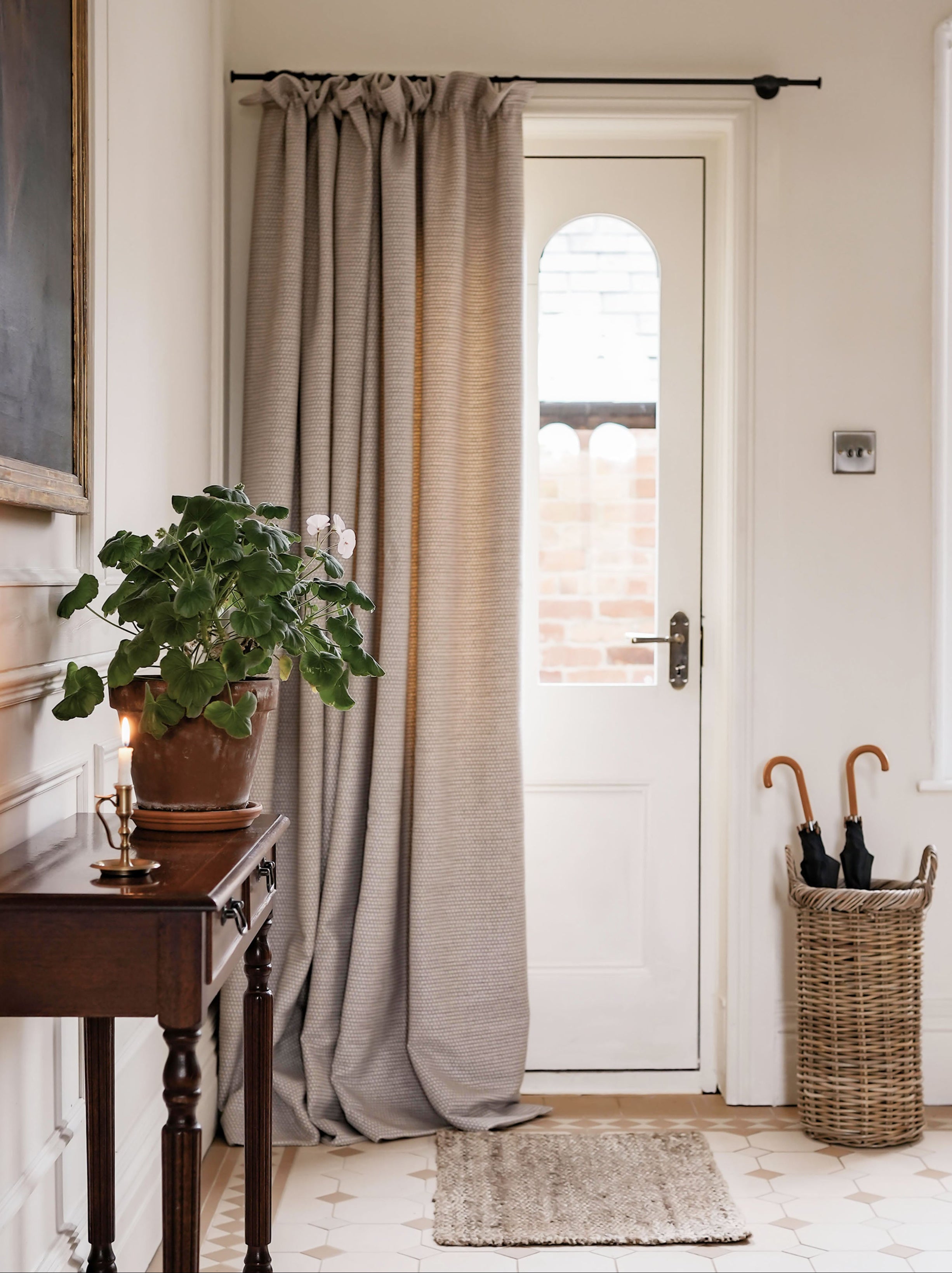 Ready Made Door Curtain - Clarendon Mushroom Wool, Cottage Pleat, Thermal Lined