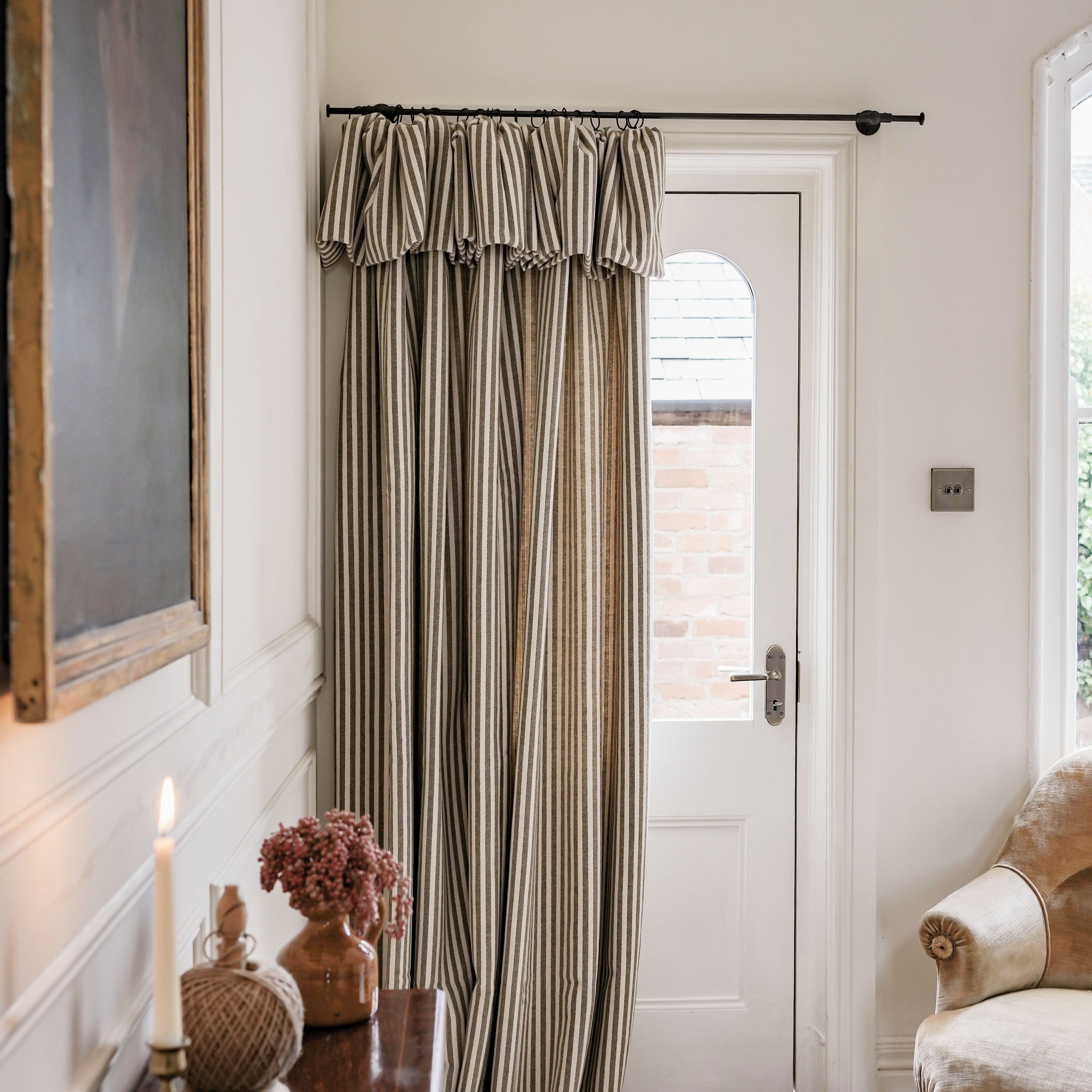 Ready Made Door Curtain - Harbour Stripe Sage Wool, Flop Over Frill, Thermal Lined