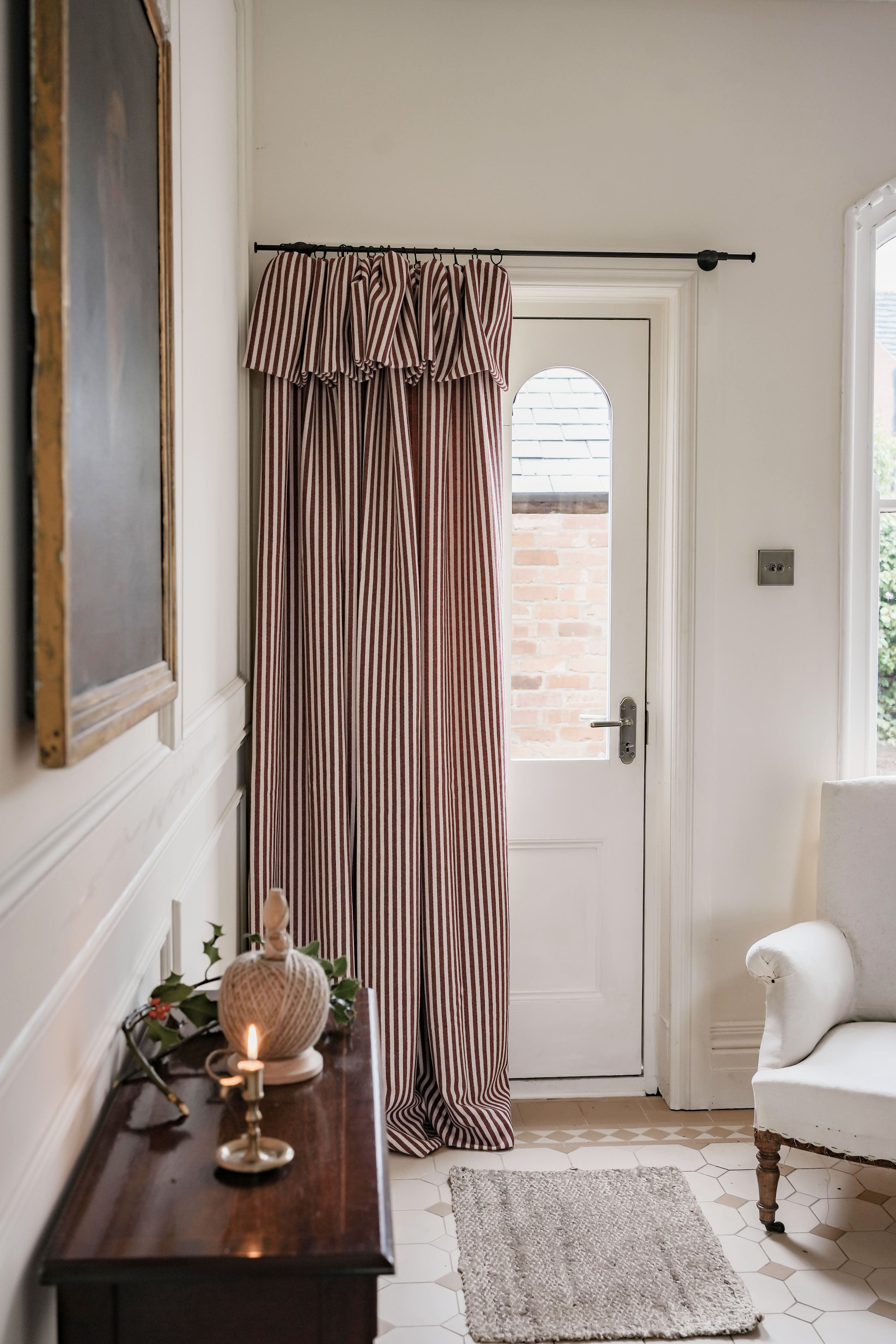 Ready Made Door Curtain - Harbour Stripe Redwood Wool, Flop Over Frill, Thermal Lined